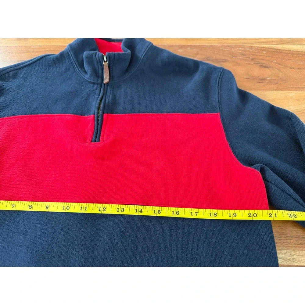 Lands End Mens Medium 100% Cotton Quarter Zip Colorblock Navy Blue Red Sweater